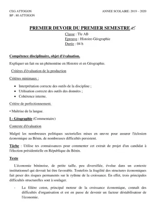 Première page de Histoire-Géographie Tle A & B, Tle A1, Tle A2, Tle B — 1er devoir surveillé, 1er semestre (2019-2020) · CEG Attogon