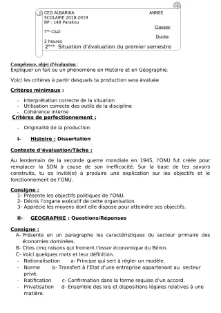 Première page de Histoire-Géographie Tle A1, Tle A2, Tle B, Tle C, Tle D — 1er semestre (2018-2019) · CEG Albarika