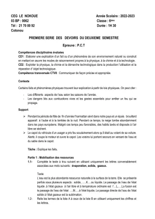 Première page de PCT 6e — 1er devoir surveillé, 2e semestre (2022-2023) · CEG LE NOKOUE