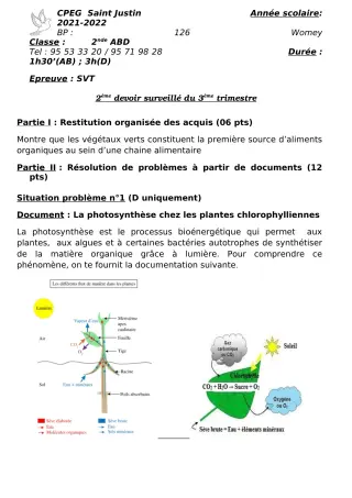 Première page de SVT 2nde A2, 2nde B, 2nde C, 2nde D — 2e devoir surveillé, 3e trimestre (2021-2022) · CPEG SAINT Justin