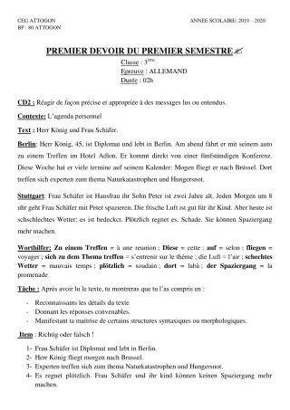 Première page de Allemand 3e ML — 1er devoir surveillé, 1er semestre (2019-2020) · CEG Attogon
