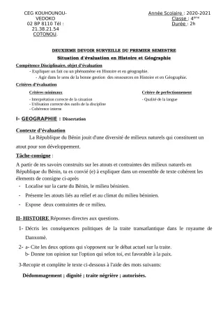 Première page de Histoire-Géographie 4e, 4e ML — 2e devoir surveillé, 1er semestre (2020-2021) · CEG Kouhounou-Vêdoko