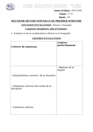 Première page de Histoire-Géographie 2nde D — 2e devoir surveillé, 1er semestre (2019-2020) · CEG ADJOVICODJI 'LES OLIVIERS'