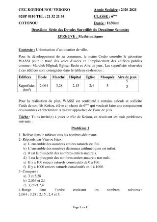 Première page de Mathématiques 6e — 2e devoir surveillé, 2e semestre (2020-2021) · CEG Kouhounou-Vêdoko