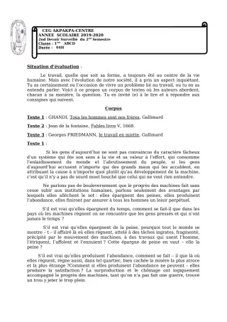 Première page de Français 1ère A1, 1ère A2, 1ère B, 1ère C, 1ère D — 2e devoir surveillé, 2e semestre (2019-2020) · CEG 1 Akpakpa-Centre