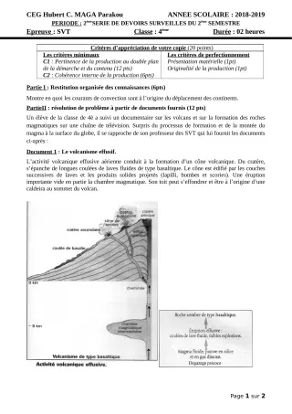 Première page de SVT 4e, 4e ML — Devoir surveillé, 2e semestre (2018-2019) · CEG Hubert C. MAGA