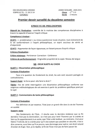 Première page de Philosophie 1ère C, 1ère D — 1er devoir surveillé, 2e semestre (2020-2021) · CEG Kouhounou-Vêdoko