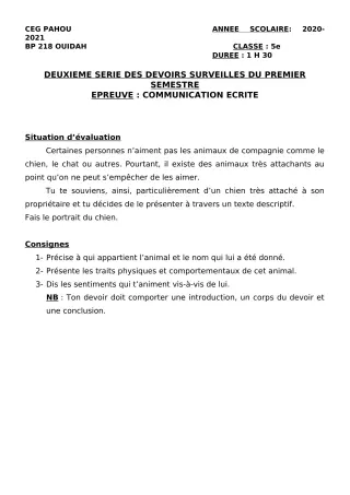 Première page de Français 5e — 2e devoir surveillé, 1er semestre (2020-2021) · CEG PAHOU