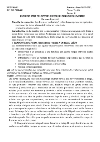 Première page de Espagnol Tle A1, Tle A2, Tle B — 1er devoir surveillé, 1er semestre (2020-2021) · CEG PAHOU