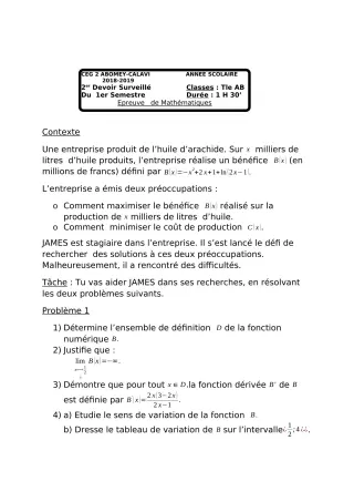 Première page de Mathématiques Tle A1, Tle A2, Tle B — Devoir surveillé, 1er semestre (2018-2019) · CEG2 ABOMEY - CALAVI (CEG ZOCA)