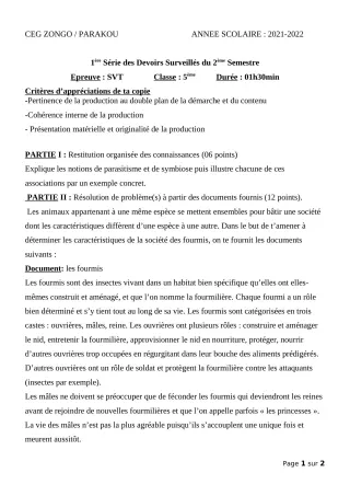 Première page de SVT 5e — 1er devoir surveillé, 2e semestre (2021-2022) · CEG ZONGO