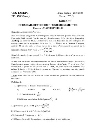 Première page de Mathématiques 2nde D — 2e devoir surveillé, 2e semestre (2019-2020) · CEG Tankpè