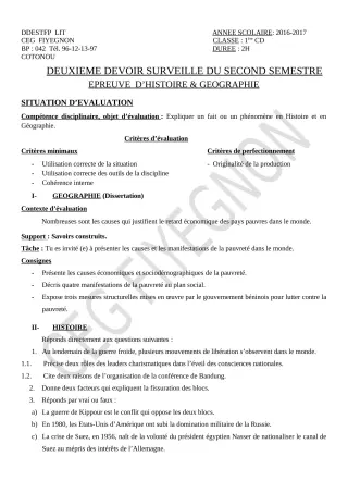 Première page de Histoire-Géographie 1ère C, 1ère D — 2e devoir surveillé, 2e semestre (2019-2020) · CEG FIYEGNON