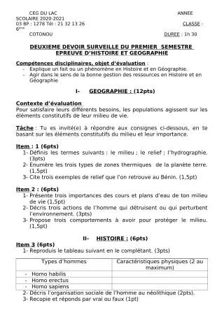 Première page de Histoire-Géographie 6e — 2e devoir surveillé, 1er semestre (2020-2021) · CEG du Lac