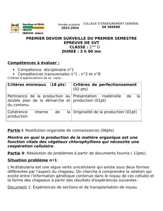 Première page de SVT 2nde D — 1er devoir surveillé, 1er semestre (2023-2024) · CEG SEKERE