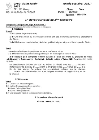 Première page de Histoire-Géographie 5e, 4e — 1er devoir surveillé, 2e trimestre (2021-2022) · CPEG SAINT Justin