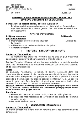 Première page de Histoire-Géographie 4e, 4e ML — 1er devoir surveillé, 2e semestre (2019-2020) · CEG du Lac