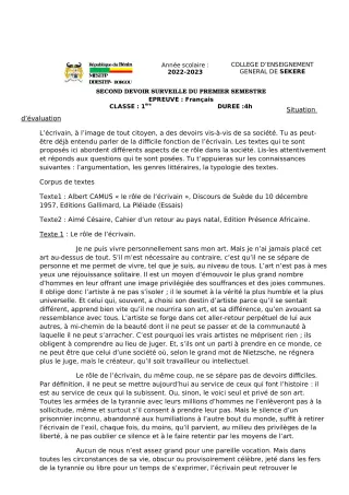 Première page de Français 1ère A2, 1ère D — 2e devoir surveillé, 1er semestre (2022-2023) · CEG SEKERE