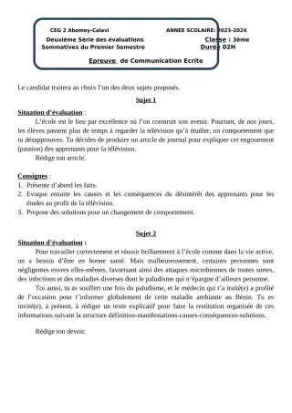 Première page de Français 3e — 2e évaluation sommative, 1er semestre (2023-2024) · CEG2 ABOMEY - CALAVI (CEG ZOCA)