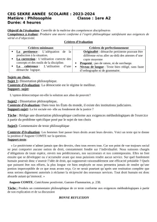 Première page de Philosophie 1ère A2 — Devoir surveillé (2023-2024) · CEG SEKERE