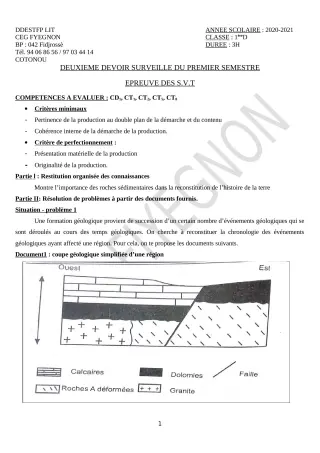 Première page de SVT 1ère D — 2e devoir surveillé, 1er semestre (2020-2021) · CEG FIYEGNON