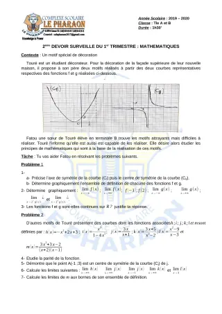 Première page de Mathématiques Tle A, Tle B — 2e devoir surveillé, 1er trimestre (2019-2020) · CPEG LE PHARAON