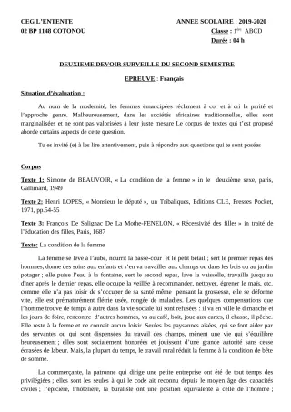 Première page de Français 1ère A2, 1ère B, 1ère C, 1ère D — 2e devoir surveillé, 2e semestre (2019-2020) · CEG L'Entente