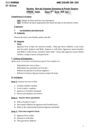 Première page de Anglais 6e, 5e, 4e, 4e ML, 3e, 3e ML — 2019-2020 · CEG Kpanroun