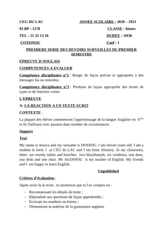 Première page de Anglais 6e — 1er devoir surveillé, 1er semestre (2020-2021) · CEG du Lac