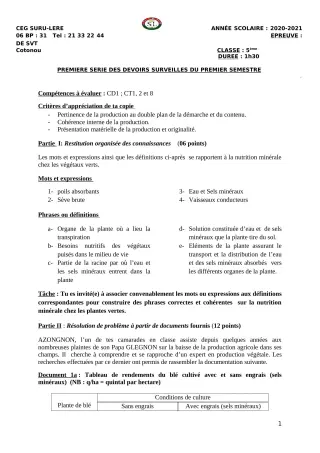 Première page de SVT 5e — 1er devoir surveillé, 1er semestre (2020-2021) · CEG SURU-LERE