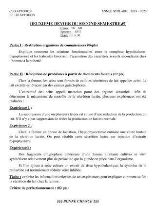 Première page de SVT Tle A & B, Tle A1, Tle A2, Tle B — 2e devoir surveillé, 2e semestre (2019-2020) · CEG Attogon