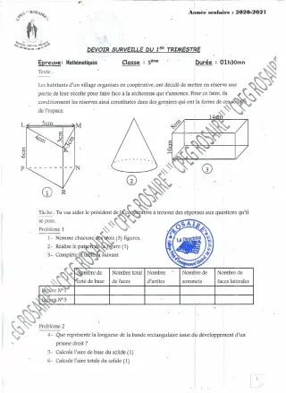 Première page de Mathématiques 5e — Devoir surveillé, 1er trimestre (2020-2021) · CPEG ROSAIRE