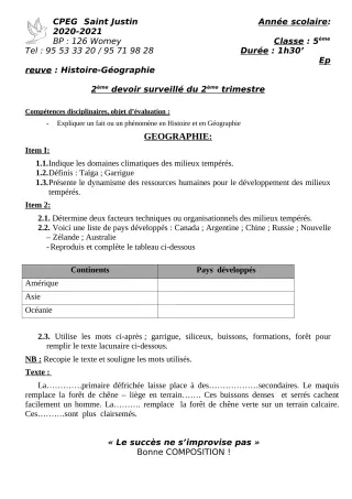 Première page de Histoire-Géographie 5e, 4e — 2e devoir surveillé, 2e trimestre (2020-2021) · CPEG SAINT Justin