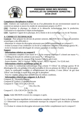 Première page de PCT 1ère D — 1er devoir surveillé, 1er semestre (2018-2019) · CEG1 Covè