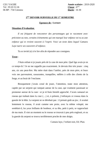 Première page de Français 6e — 2e devoir surveillé, 1er semestre (2019-2020) · CEG Yagbe