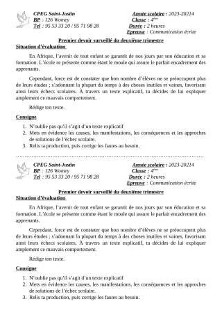 Première page de Français 5e — 1er devoir surveillé, 2e trimestre (2023-2024) · CPEG SAINT Justin