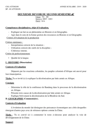 Première page de Histoire-Géographie Tle A & B, Tle A1, Tle A2, Tle B — 2e devoir surveillé, 2e semestre (2019-2020) · CEG Attogon
