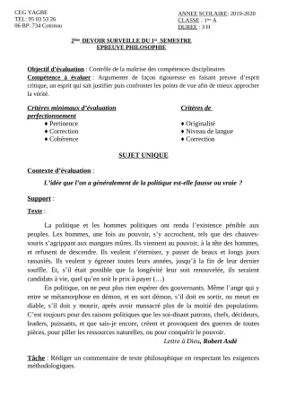 Première page de Philosophie 1ère A2 — 2e devoir surveillé, 1er semestre (2019-2020) · CEG Yagbe