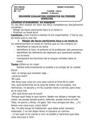 Première page de Espagnol 4e, 3e, 2nde A, 2nde A2, 2nde B, 1ère A, Tle A1, Tle A2 — 2e évaluation sommative, 1er semestre (2019-2020) · CEG Zinvié
