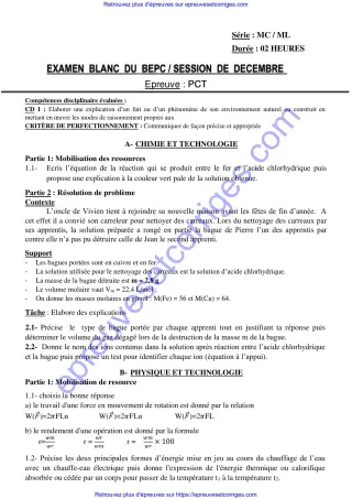 Première page de BEPC 2026 – PCT , Bepc blanc décembre 2025 (chimie, réactions acide-métal, physique et rendement énergétique)