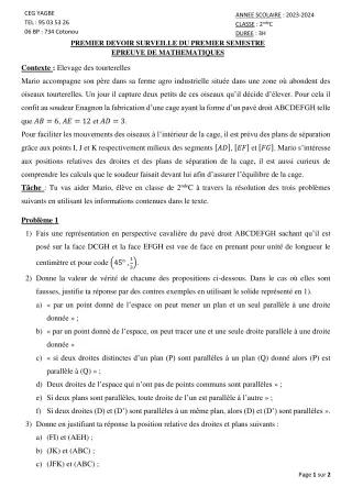 Première page de Mathématiques 2nde C — 1er devoir surveillé, 1er semestre (2023-2024) · CEG Yagbe