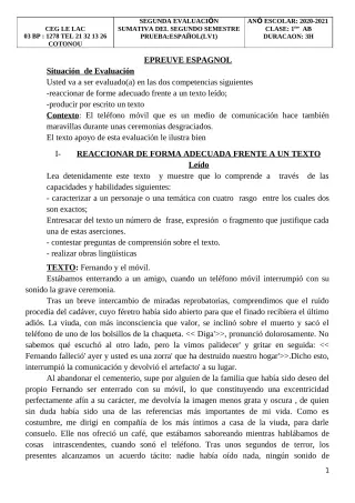Première page de Espagnol 1ère A2, 1ère B — 2020-2021 · CEG du Lac