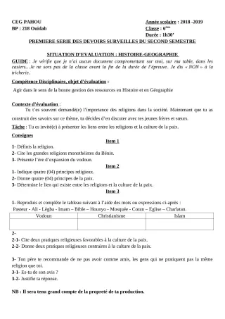 Première page de Histoire-Géographie 6e — 1er devoir surveillé, 2e semestre (2018-2019) · CEG PAHOU
