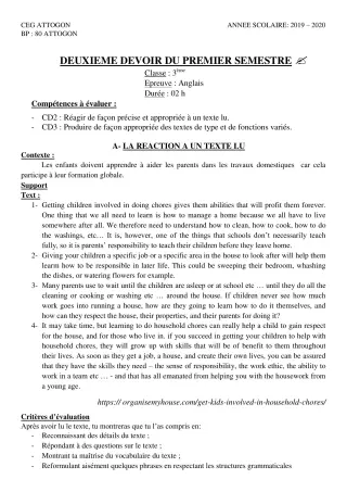 Première page de Anglais 3e, 3e ML — 2e devoir surveillé, 1er semestre (2019-2020) · CEG Attogon