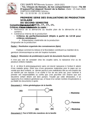 Première page de SVT Tle A2, Tle B — Production scolaire, 2e semestre (2020-2021) · CEG Sainte Rita