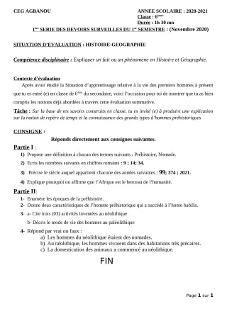 Première page de Histoire-Géographie 6e — 1er devoir surveillé, 1er semestre (2020-2021) · CEG AGBANOU