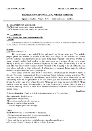 Première page de Anglais 2nde A2 — 1er devoir surveillé, 1er semestre (2022-2023) · CEG GOHO