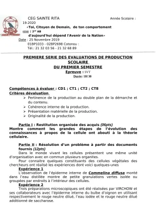 Première page de SVT 6e, 5e, 4e ML&MC, 3e, 3e ML, 2nde A2, 2nde B, 2nde C, 2nde D, 1ère A2, 1ère B, 1ère C, 1ère D, Tle A2, Tle B, Tle C, Tle D — Production scolaire, 1er semestre (2019-2020) · CEG Sainte Rita