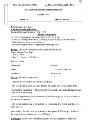 Première page de SVT 5e — 2e devoir surveillé, 1er semestre (2018-2019) · CEG Gbegourou