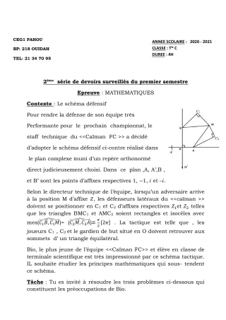 Première page de Mathématiques Tle C — 2e devoir surveillé, 1er semestre (2020-2021) · CEG PAHOU